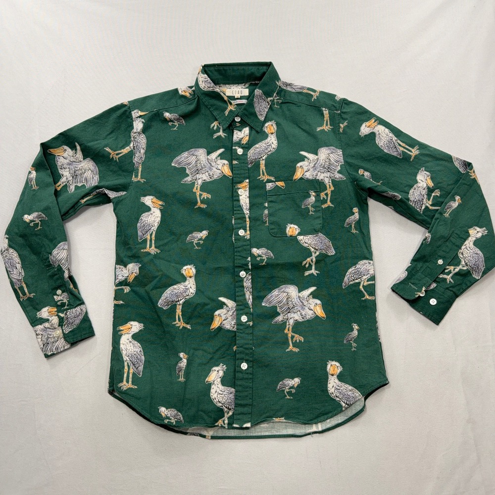 Ciao Button Down Shirt Shoebill Stork Print Green Mens Size M Made in Japan